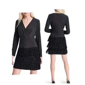 4860)DKNY Women Long Sleeve V Neck  Solid Fringe Sheath Black Party Dress Size 6
